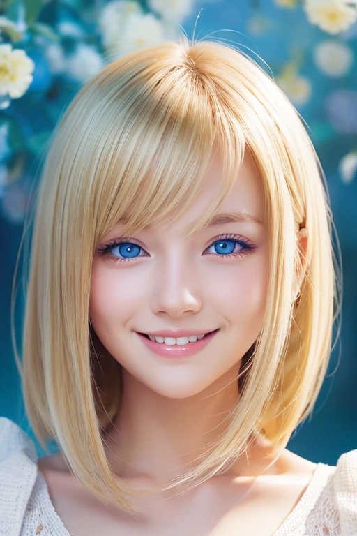 Blonde、Blue Eyes、smile、Background digital art、