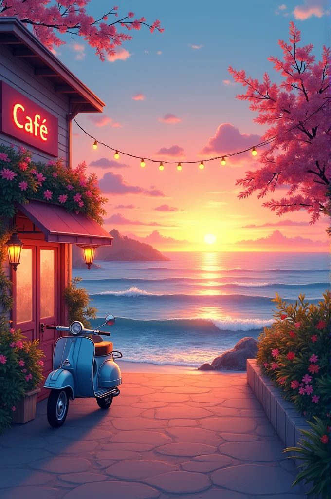 The image is a digital illustration of a beautiful sunset over the ocean. The sky is painted in a warm orange and pink hue, with the sun setting on the horizon and casting a golden glow over the water. The ocean is calm and the waves are gently lapping against the shore. On the right side of the image, there is a building with a red sign that reads "Cafe" and a blue scooter parked in front of it. The building is decorated with pink and red flowers and there are street lamps hanging from the side. The overall mood of the illustration is peaceful and serene.