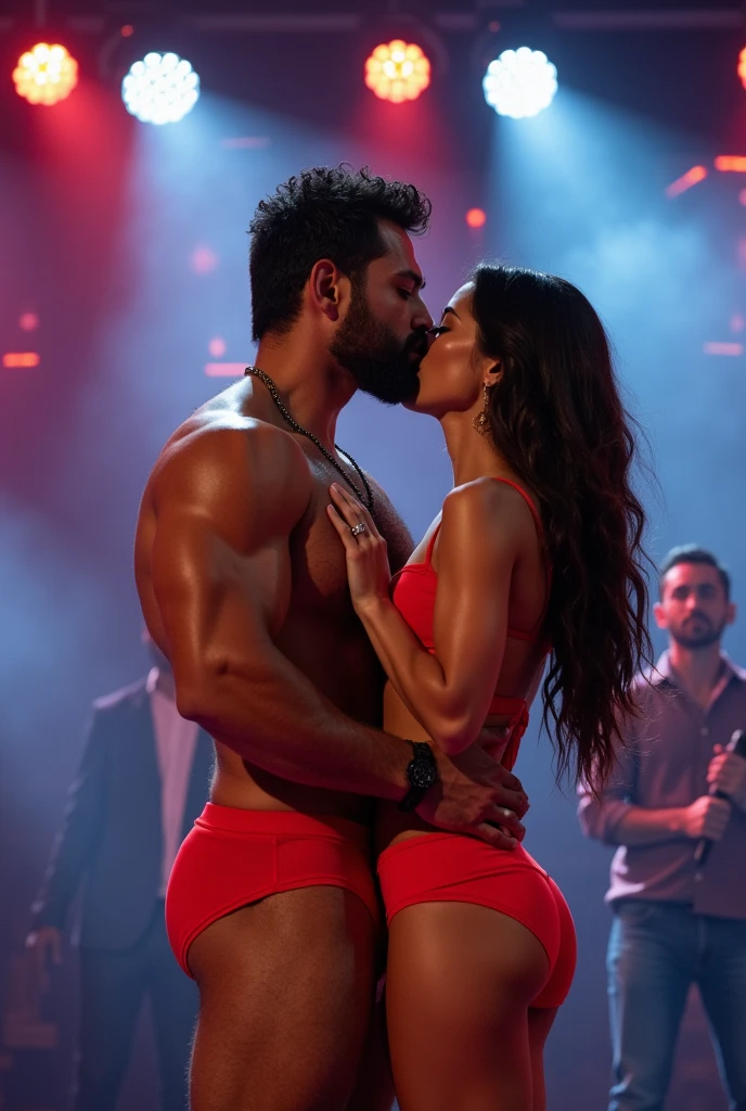A young Puerto Rican man with a beard, hairy, strong and muscular, in red underwear, Bulge, bulge, kissing with desire and pleasure a beautiful woman in red panties, in performance on a stage of a television program presented by a famous presenter with a microphone in his hand.
