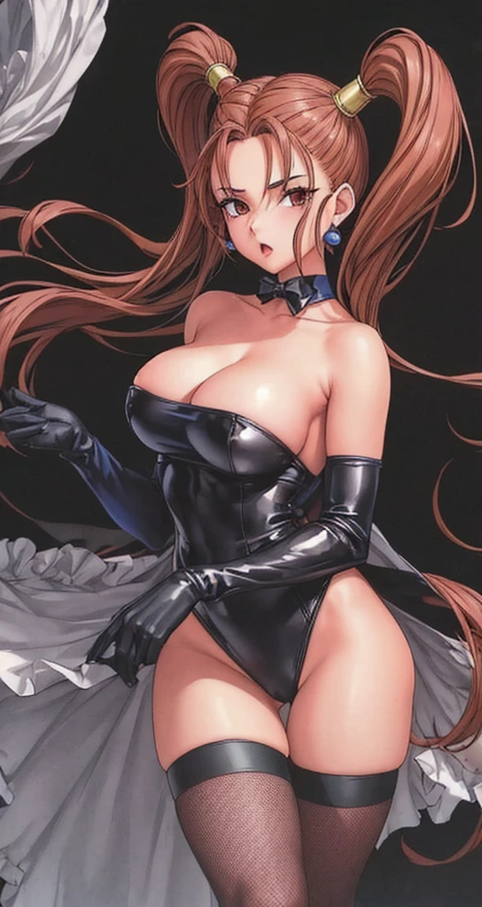 Jessica, with her large breasts, beautiful legs, shoulder-length twin tails, showing her arms and shoulders, and a mature face, is wearing a black high-cut bunny suit and fishnet stockings, standing with her legs spread to the sides, her eyes slightly open, and her mouth open.。