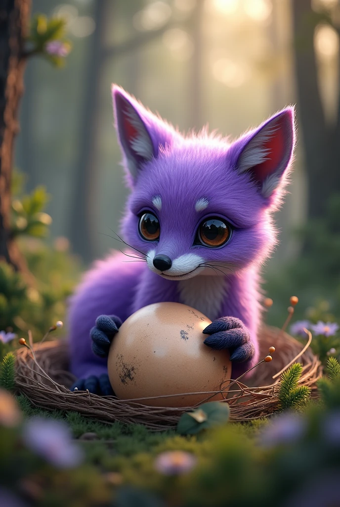 a highly detailed, photorealistic purple fox, hatching an ostrich egg in a lush forest, cute and whimsical, intricate details, warm lighting, vibrant colors, (best quality,4k,8k,highres,masterpiece:1.2),ultra-detailed,(realistic,photorealistic,photo-realistic:1.37),extremely detailed fox,beautiful detailed eyes,beautiful detailed fur,extremely detailed ostrich egg,lush green forest,warm sunlight,soft lighting,magical atmosphere,whimsical fantasy,