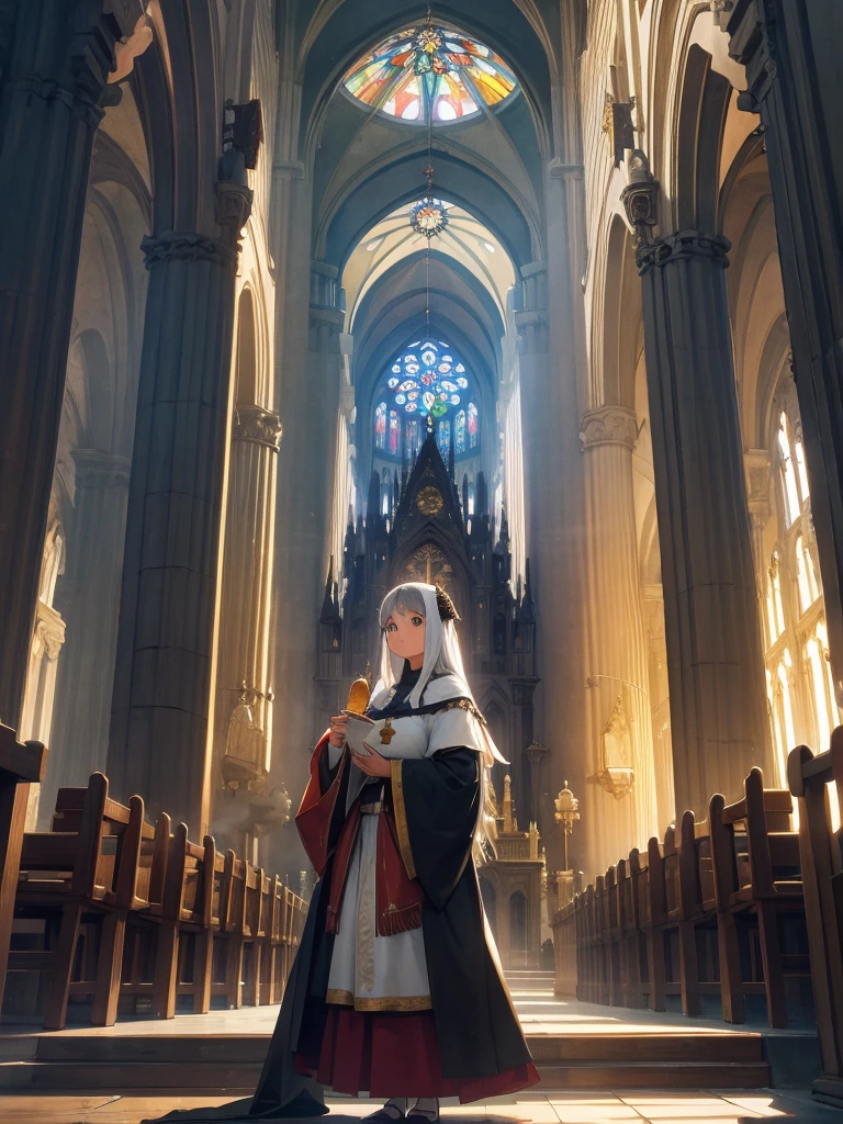 Centered on a huge sacred cathedral A medieval town Bird's-eye view Night cityscape