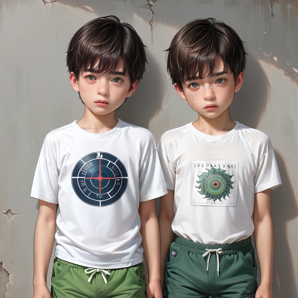 score_9, score_8_superior, score_7_superior, score_6_superior, score_5_superior, score_4_superior, super realistic),(one shota boy, age 15, (detailed eyes, detailed face, wearing a white t-shirt and green shorts), looking sadly