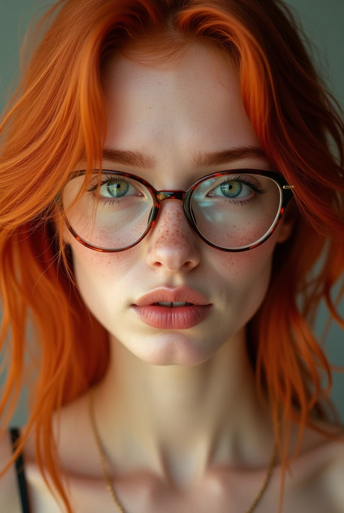 A red-haired female influencer with green eyes, an innocent look and full lips. freckles on her cheeks. wears glasses. y. attractive. Only her face in 8k. very detailed,