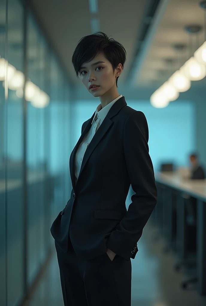 ccurate, a beautiful woman standing at the office, dress as a man, tall, slim, slender, a bit chubby, formal suit, business suit, black hair, short hair, pixie cut, eye reflection, eyeball, wide eyes, light smile, evil smile, nervous smile, Surrealism, drop shadow, anaglyph, stereogram, pov, atmospheric perspective, blurry foreground, wide shot, bokeh, 8k, super detail, best quality, animated