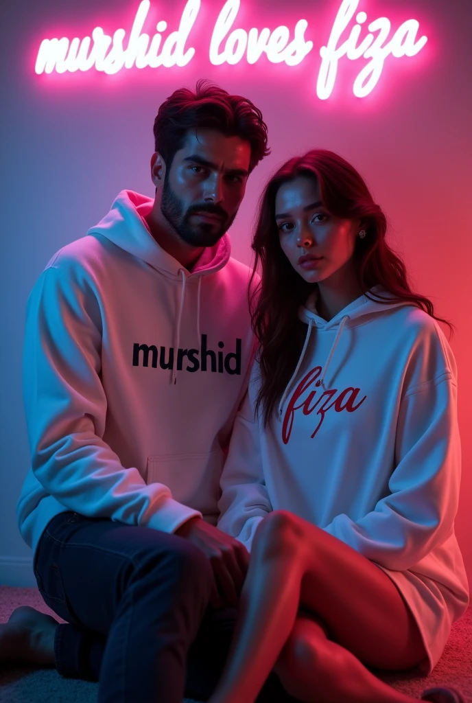 A 4K ultra-high-definition, highly detailed realistic portrait featuring a handsome 2 man and a beautiful 30-year-old woman, both wearing white hoodies. The camera is directly facing them, capturing an intimate and romantic atmosphere. The man’s hoodie has "Murshid" subtly written across the chest, while the woman’s hoodie displays "Fiza." The woman is seated gracefully on the floor, holding a single red rose delicately in her hand. The setting is lit by an ambient, neon-lit backdrop where the words "Murshid loves Fiza" glow softly on the wall in stylish neon text. The mood is serene and contemplative, with both individuals maintaining a serious expression, and the scene has a polished, cinematic quality