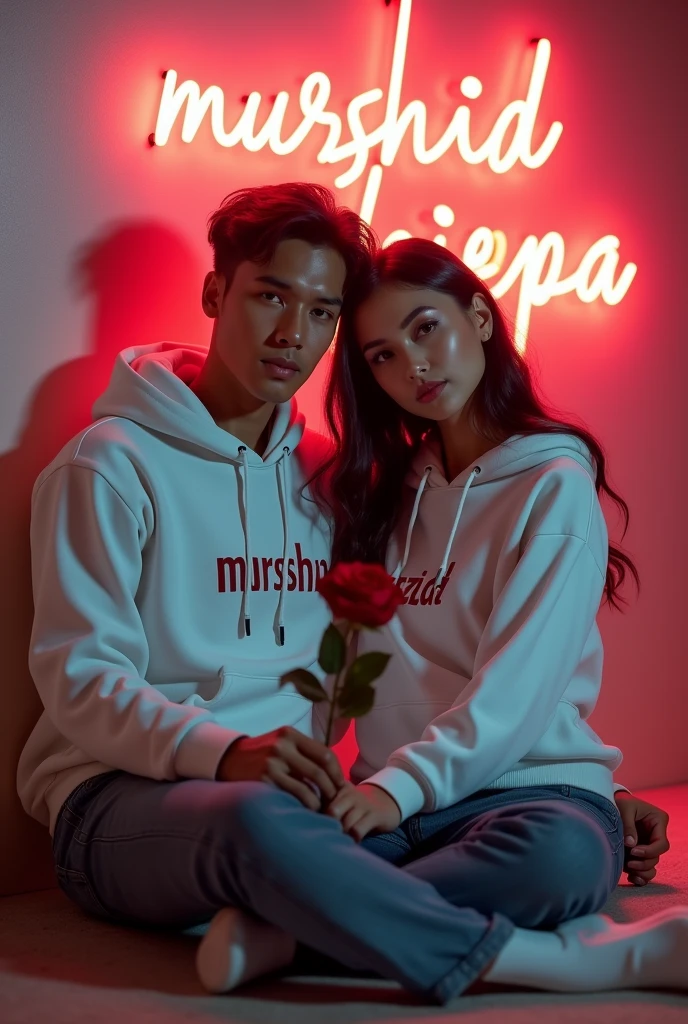 A 4K ultra-high-definition, highly detailed realistic portrait featuring a handsome 2 man and a beautiful 30-year-old woman, both wearing white hoodies. The camera is directly facing them, capturing an intimate and romantic atmosphere. The man’s hoodie has "Murshid" subtly written across the chest, while the woman’s hoodie displays "Fiza." The woman is seated gracefully on the floor, holding a single red rose delicately in her hand. The setting is lit by an ambient, neon-lit backdrop where the words "Murshid loves Fiza" glow softly on the wall in stylish neon text. The mood is serene and contemplative, with both individuals maintaining a serious expression, and the scene has a polished, cinematic quality