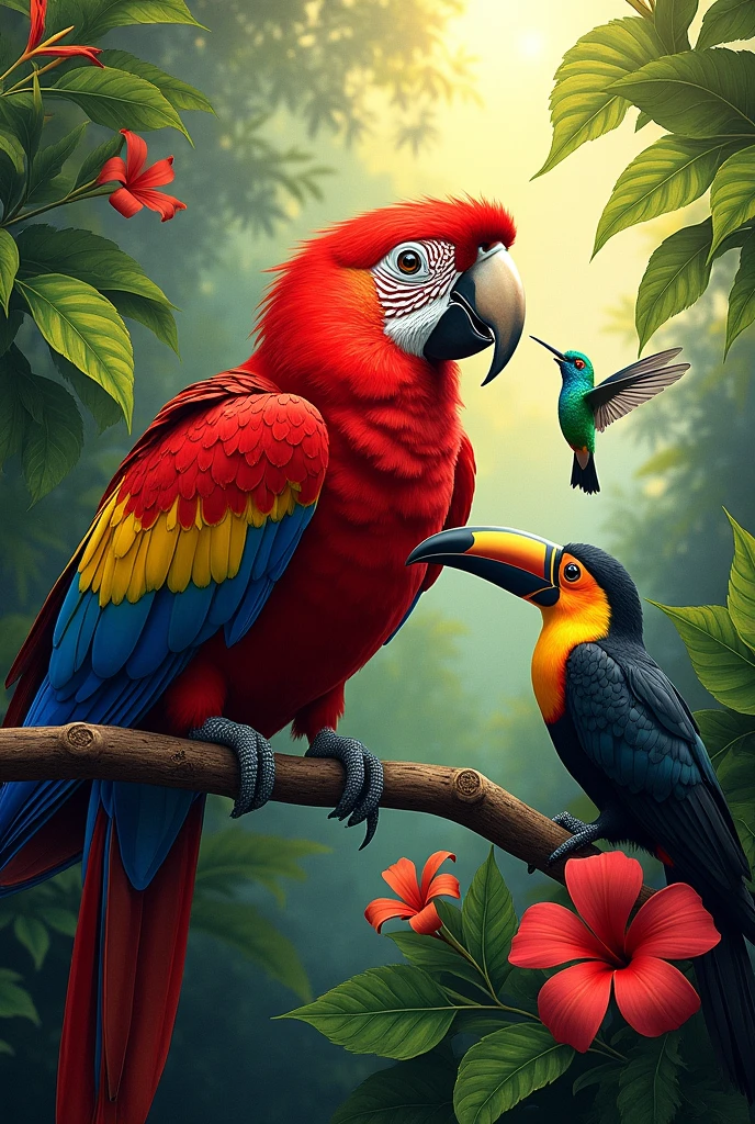 Red guara painting with a hummingbird and a toucan together 

