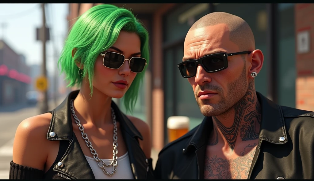 A man with half a body and a clean-shaven face, and a man with green hair and a clean-shaven face looking forward, one of the men makes a hand sign, In sunglasses, man with half body in GTA V style, like a character from gta, gta5 style, GTA V style, gta character, Germa985 , as the main character of gta 5, GTA 6 style, ! split hair dye!, Персонаж GTA V, gta 5 skin tone, GTA V street style, glass of beer in the background, photo with half body full length, glass of beer front man with short hair, glass of beer with foam