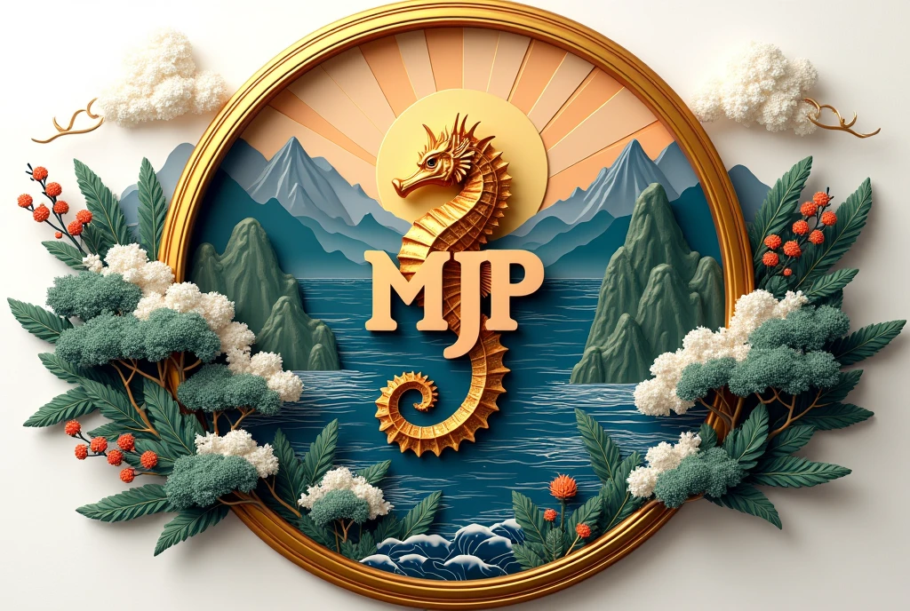 A logo design was created with the letters MJP in the center.。Japanese floating painting style、Seahorse Design. Japanese style、Japanese-style、high quality, A luxurious image. In the center is a map of Japan、Malaysia map hidden、Ocean、Mountain、All designs are housed in a glamorous gold frame.