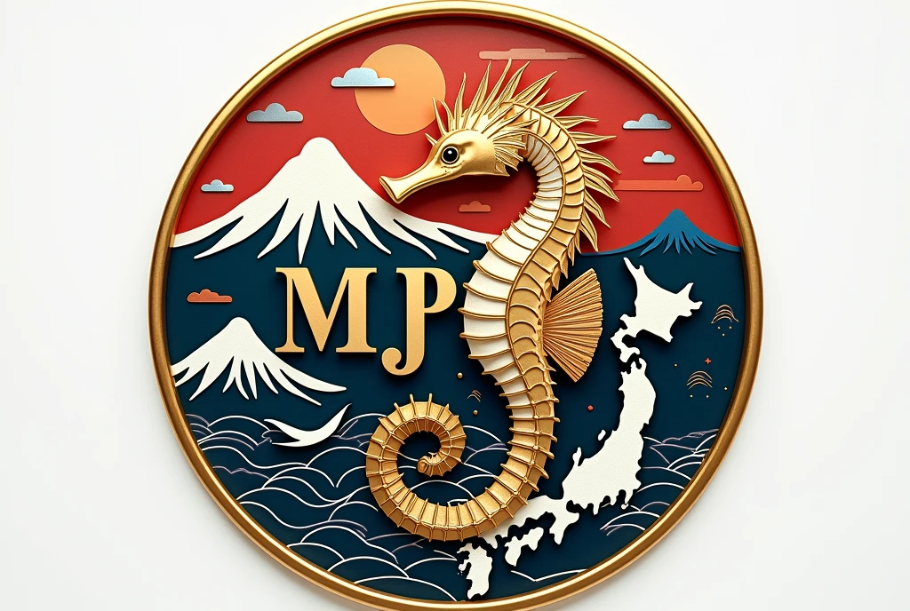 A logo design was created with the letters MJP in the center.。Japanese floating painting style、Seahorse Design. Japanese style、Japanese-style、high quality, A luxurious image. In the center is a map of Japan、Malaysia map hidden、Ocean、Mountain、All designs are housed in a glamorous gold frame.