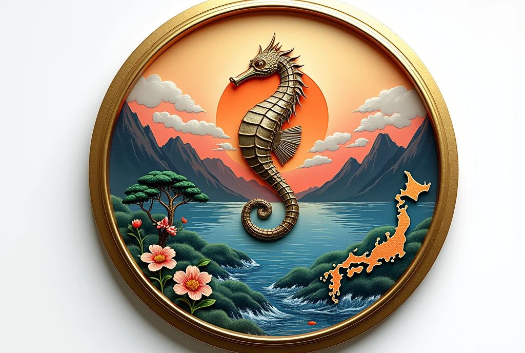 A logo design was created with the letters MJP in the center.。Japanese floating painting style、Seahorse Design. Japanese style、Japanese-style、high quality, A luxurious image. In the center is a map of Japan、Malaysia map hidden、Ocean、Mountain、All designs are housed in a glamorous gold frame.