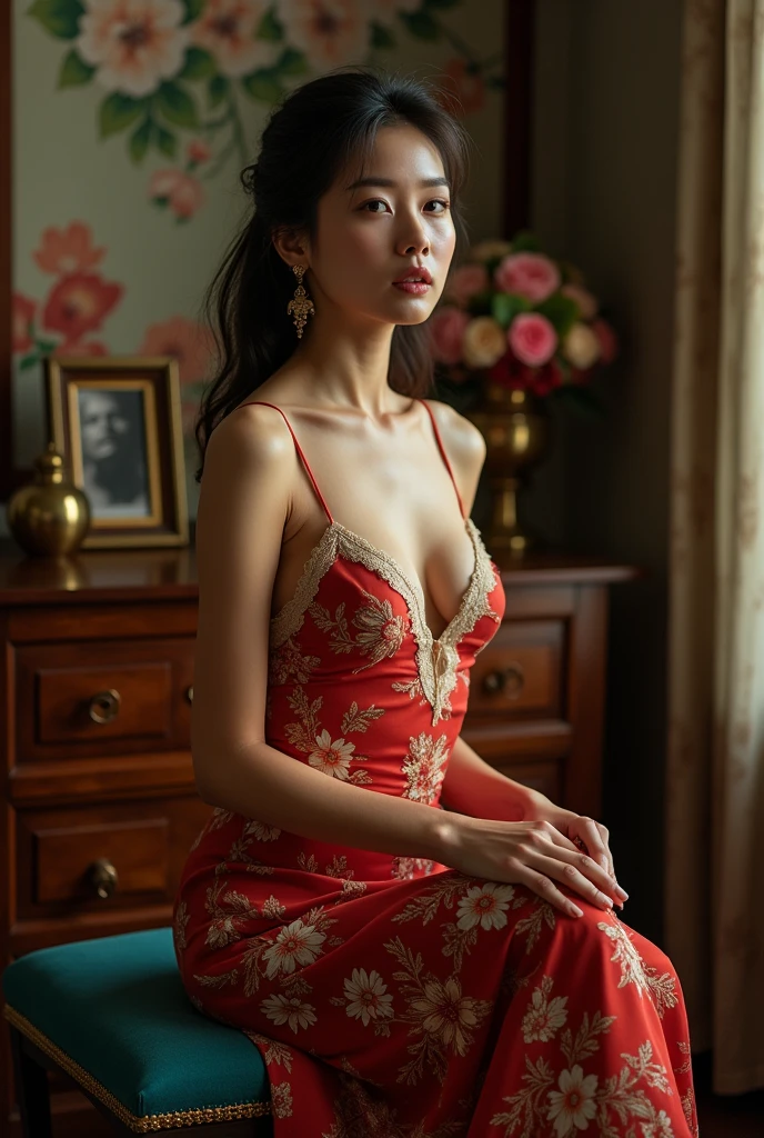 Prompt 
Thai woman sexy pose, a turquoise cushioned stool in a warmly lit, traditional room. The woman wears a cleavage red floral dress with delicate lace trim, She gazes thoughtfully into the distance, her expression contemplative and serene. The background features a wooden dresser adorned with a framed photograph, brass vases, and a bouquet of flowers, enhancing the nostalgic and intimate atmosphere of the scene. The lighting casts gentle shadows, creating a timeless, melancholic mood