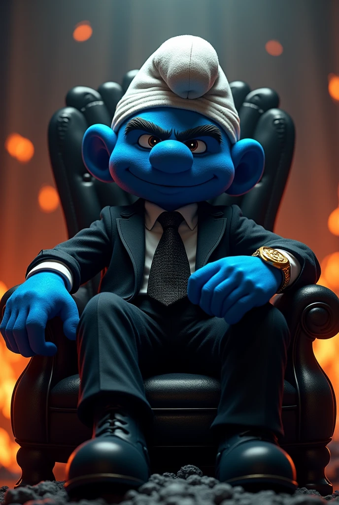gangster smurf, gold watch, godfather ring, black throne, dark environment and fire behind