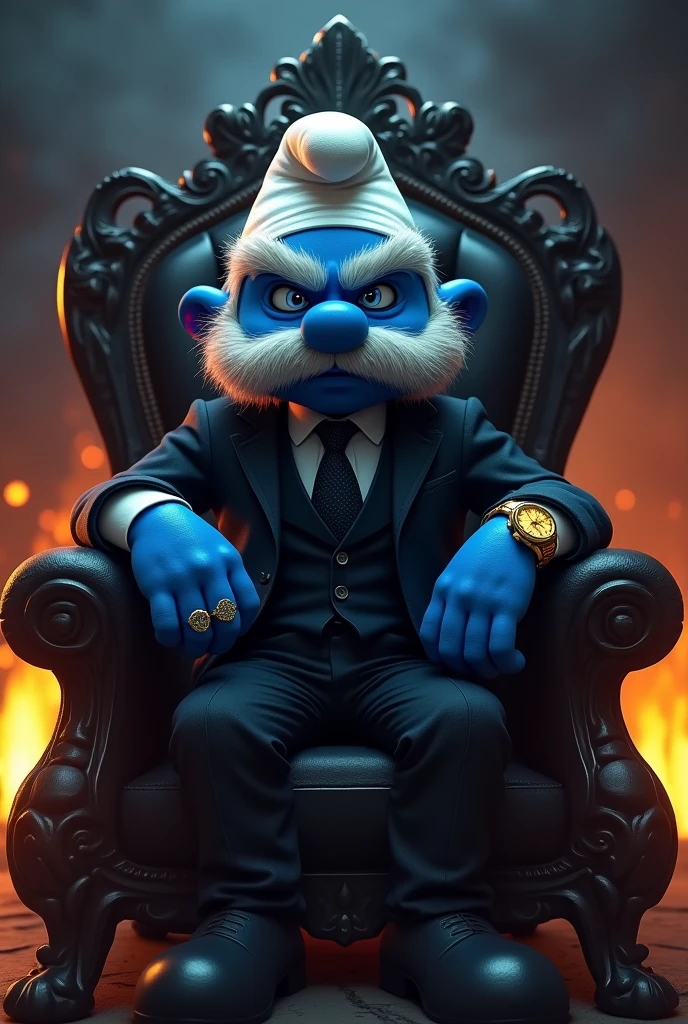 gangster smurf, gold watch, glass of whiskey, godfather ring, black throne with weapon resting on it, dark environment and fire behind