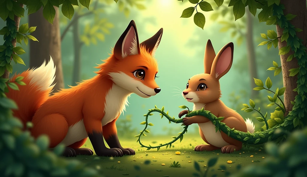 Fox knew he had to help. He gently nibbled at the vines, careful not to hurt Rabbit. After a few minutes, Ruby was free!