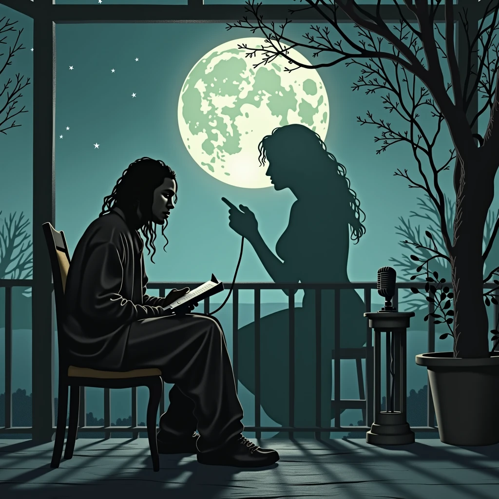 creates the image of a man sitting alone in a chair next to his balcony creating poems next to the window with a moon and a serene night, The dark-skinned man with long wavy hair wearing oversized clothing and a hanging marijuana earring and a microphone on a pedestal while creating a feminine shadow, Also add letters that say the name of the cover "Moongirl" It is written at the top in large letters., worn out letters, as if they were stamped.