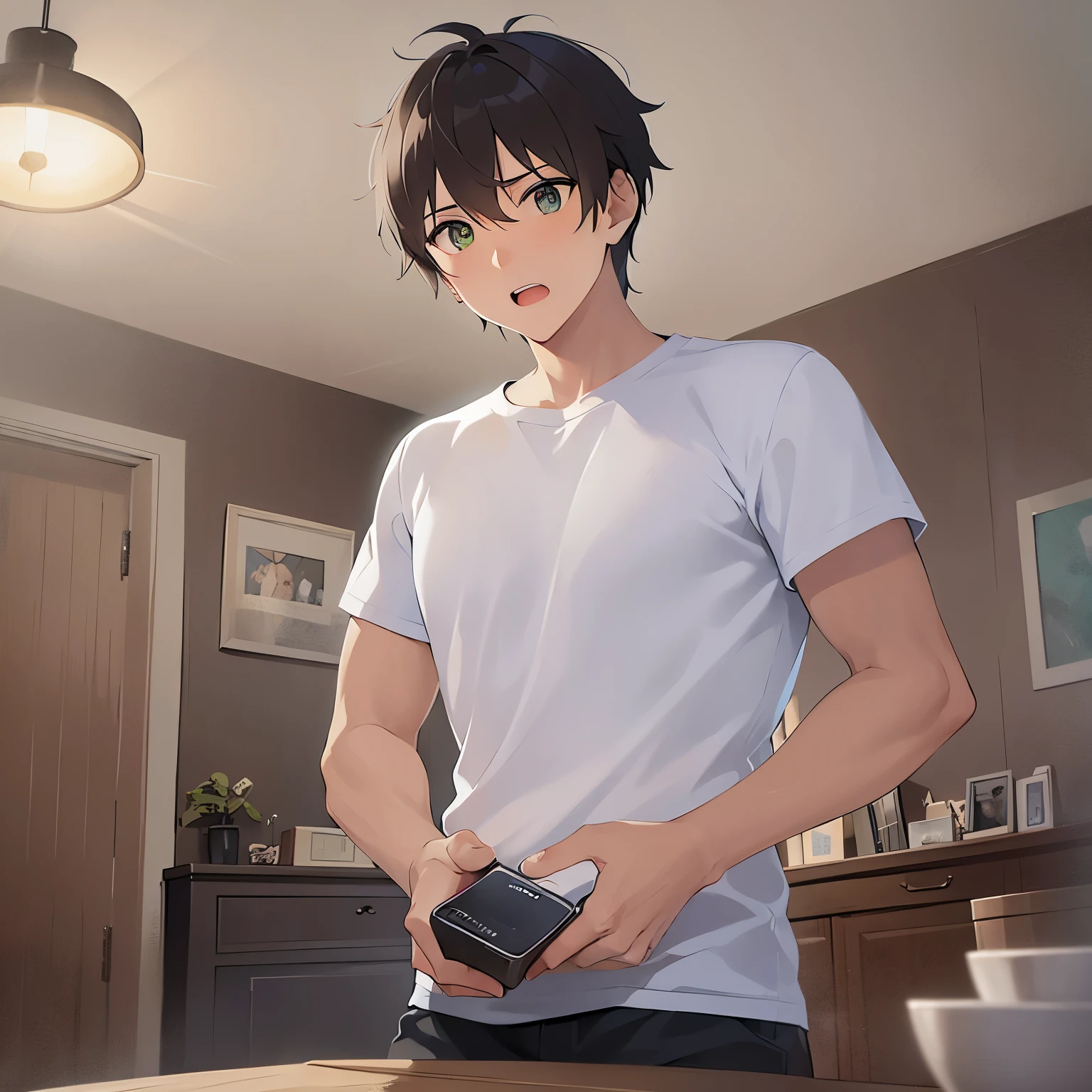 Biologically correct five fingers、upper body、masterpiece、Highest quality、(2 male:1.5) and (Brown short hair) and (Green Eyes), (White T-shirt)、(surprised:1.3)、The background is the living room at night、alone、