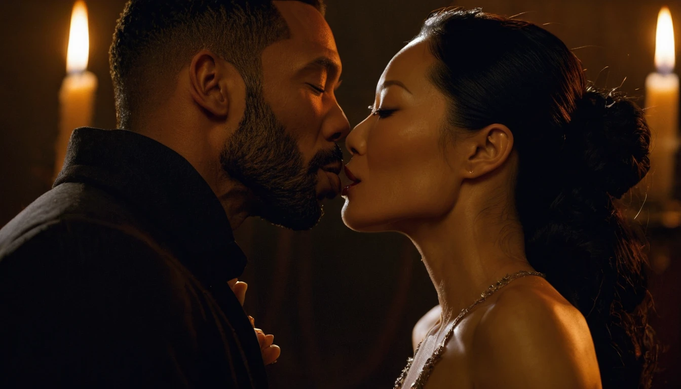 Omari Hardwick and Lucy Liu share a steamy kiss inside a dark bedroom lit only by candlelight. Lucy has lovely makeup on her face. Nighttime. Romantic ambiance. Symmetrical eyes. Symmetrical faces. Lovely details. Photorealistic. Full-colored photo. Professional photo. Highly detailed 8K.