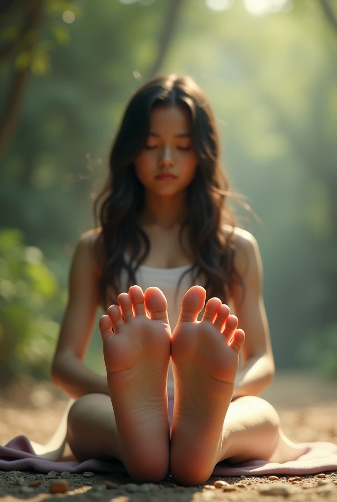 A barefoot teenage girl with long dark hair doing yoga. The focus is on the soles of her feet which are large for her frame. Her ties are pointed straight up