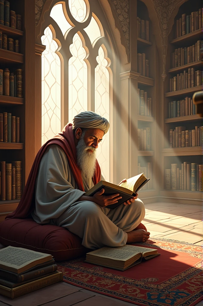 Islamic scholar in a library,"