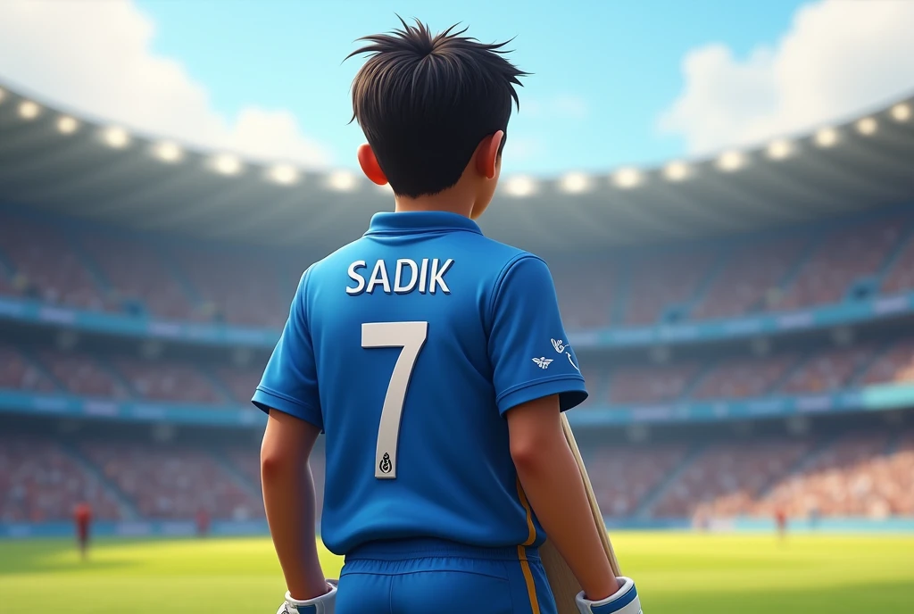 2 1 boy wearing a blue jarsey in a cricket stadium holding cricket bat And the jarsey number is 7.Show the backside.show the name of jarsey Sadik
