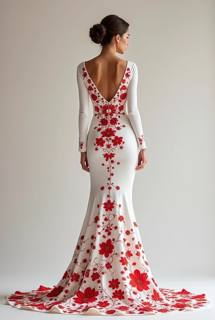 white long body fitted bridal gown with many red flower patterns on the gown 
