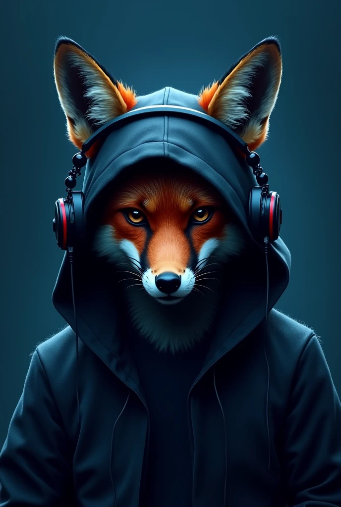 Hooded fox, hacker type, technological style,  with headphones on and dark blue background
