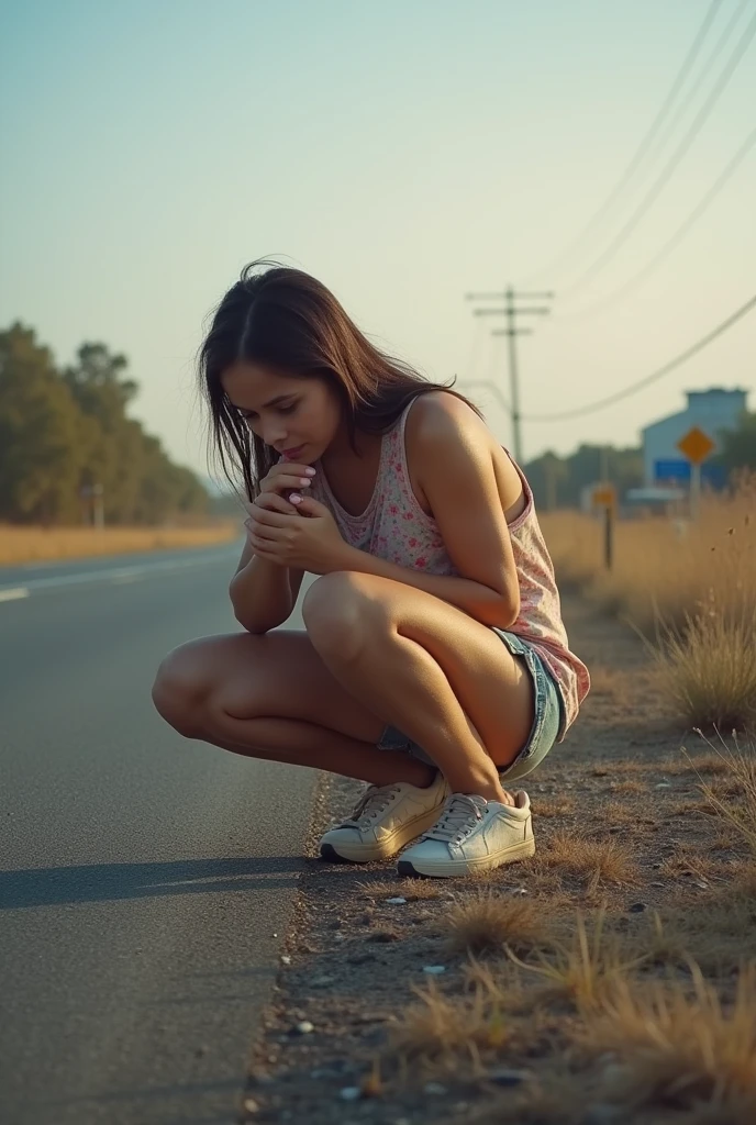 A girl peeing so much on the side of the freeway, beside her parent’s car. She doesn’t care but is embarrassed