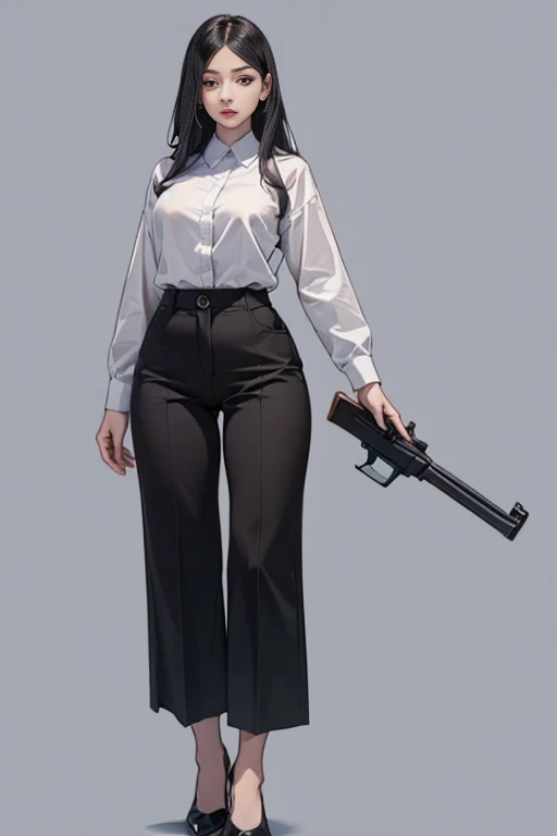 Highest quality、Ultra HD、One Woman、(long black hair 1.3)、(Black Suit 1.3)、(shirt)、(Black smart long pants 1.1)、(Slender body)、((1 who has a gun.5))、(Beautiful face with slits 1.2)、(Black leather shoes 1.2)、Large Breasts、tall、(Daytime city background 1.2)、((Clear and beautiful touch))、(3 Asian woman)