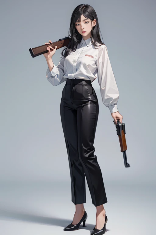 Highest quality、Ultra HD、One Woman、(long black hair 1.3)、(Black Suit 1.3)、(shirt)、(Black smart long pants 1.1)、(Slender body)、((1 who has a gun.5))、(Beautiful face with slits 1.2)、(Black leather shoes 1.2)、Large Breasts、tall、(Daytime city background 1.2)、((Clear and beautiful touch))、(3 Asian woman)