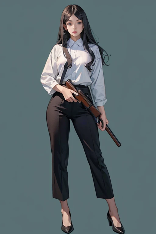 Highest quality、Ultra HD、One Woman、(long black hair 1.3)、(Black Suit 1.3)、(shirt)、(Black smart long pants 1.1)、(Slender body)、((1 who has a gun.5))、(Beautiful face with slits 1.2)、(Black leather shoes 1.2)、Large Breasts、tall、(Daytime city background 1.2)、((Clear and beautiful touch))、(3 Asian woman)