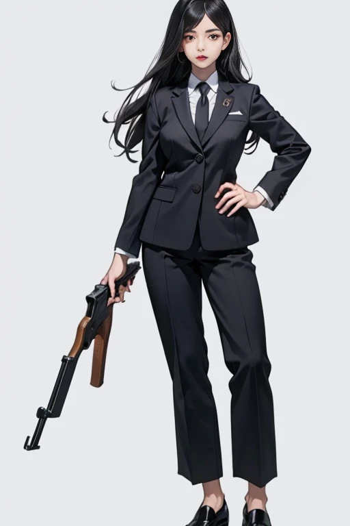 Highest quality、Ultra HD、One Woman、(long black hair 1.3)、(Black Suit 1.3)、(shirt)、(Black smart long pants 1.1)、(Slender body)、((1 who has a gun.5))、(Beautiful face with slits 1.2)、(Black leather shoes 1.2)、Large Breasts、tall、(Daytime city background 1.2)、((Clear and beautiful touch))、(3 Asian woman)