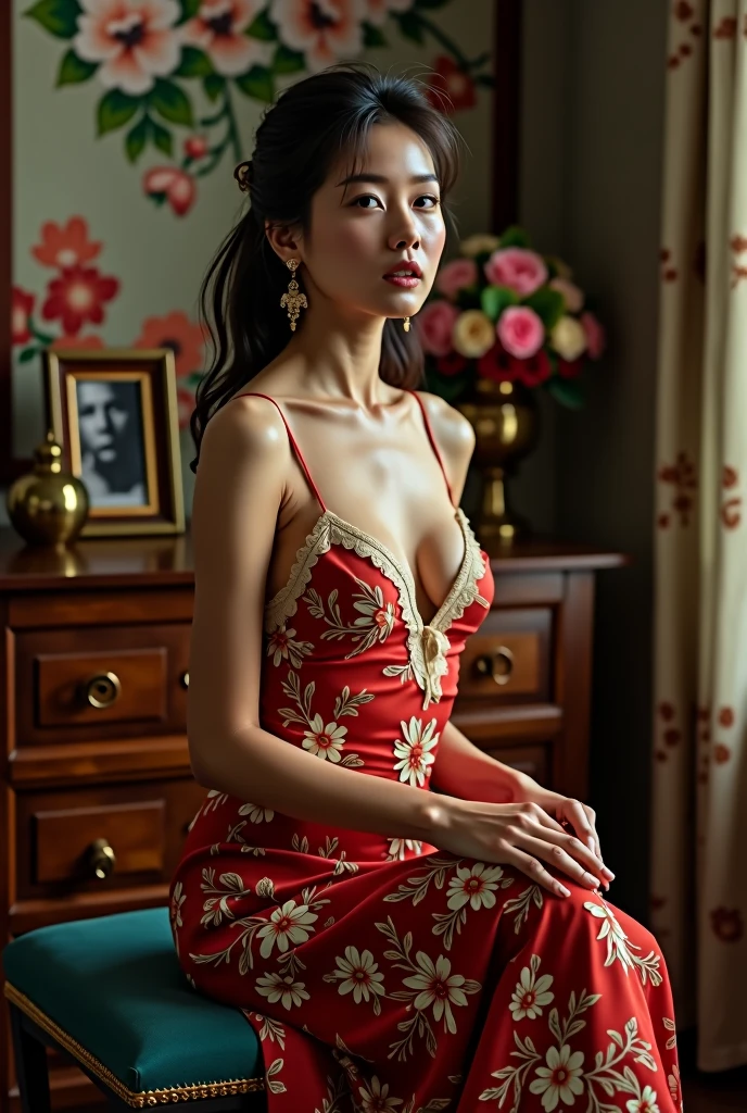 Prompt 
Thai woman sexy pose, a turquoise cushioned stool in a warmly lit, traditional room. The woman wears a cleavage red floral dress with delicate lace trim, She gazes thoughtfully into the distance, her expression contemplative and serene. The background features a wooden dresser adorned with a framed photograph, brass vases, and a bouquet of flowers, enhancing the nostalgic and intimate atmosphere of the scene. The lighting casts gentle shadows, creating a timeless, melancholic mood