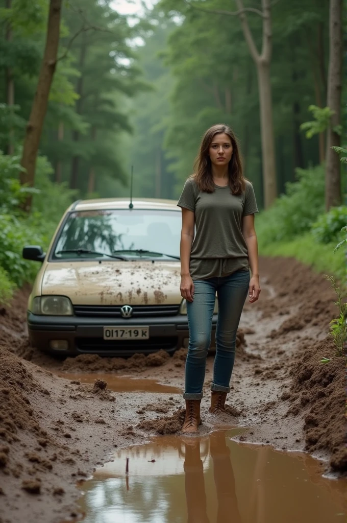 Generate a video of a girl got her car stuck in mud