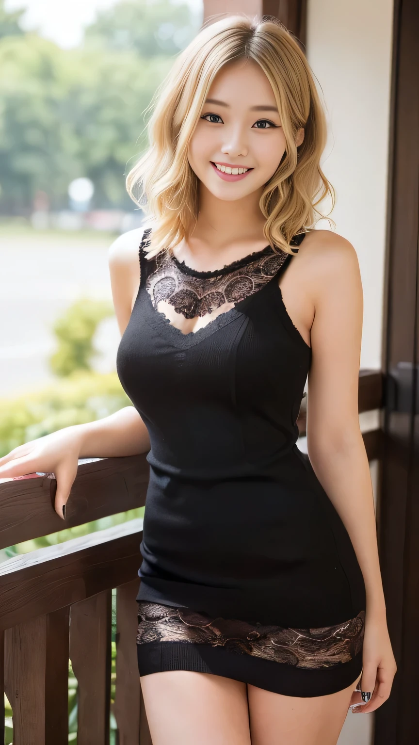 (A very cute 20 year old young woman from Japan.),  ((Fine hair that is somewhere between brown and blonde)), ((Short hair with messy side waves)),Medium bust size､Small breasts､ (((Clean your hands)))，(Curly Hair)，(((A very kind smile))), (((She is wearing black lace panties)))，(((Wearing a random colored super short knit dress)))，(((I&#39;m wearing a knitted dress in a random color.。))) ((Highest quality, 16K, Tabletop: 1.3)), The light shines on your face, Highly detailed face, Highly detailed lips, Beautiful Eyes, City Street，Angle from below:1.5，I have nothing in my hands、