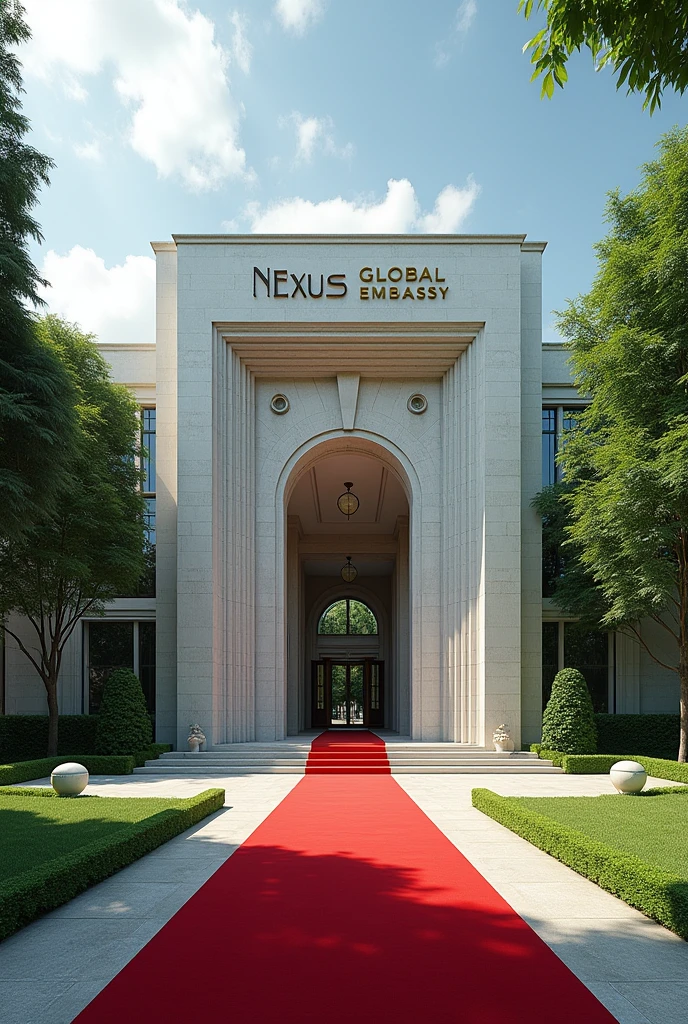 A wonderful and luxurious building, it's on it's own with large compound with trees and Grass with Singaporean architecture and the words Nexus Global Embassy fully exposed on the building separate concrete with red carpet on the entrance with a good full view and angle .Expose the words Nexus Global Embassy on the concrete fully I can't see the words and the driveway the spelling is wrong