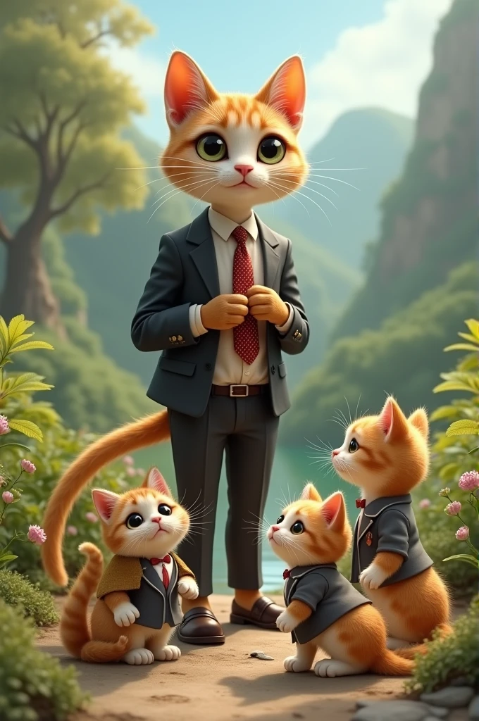 An adult cat tour guide saying goodbye to her three kittens in dress clothes in a landscape.