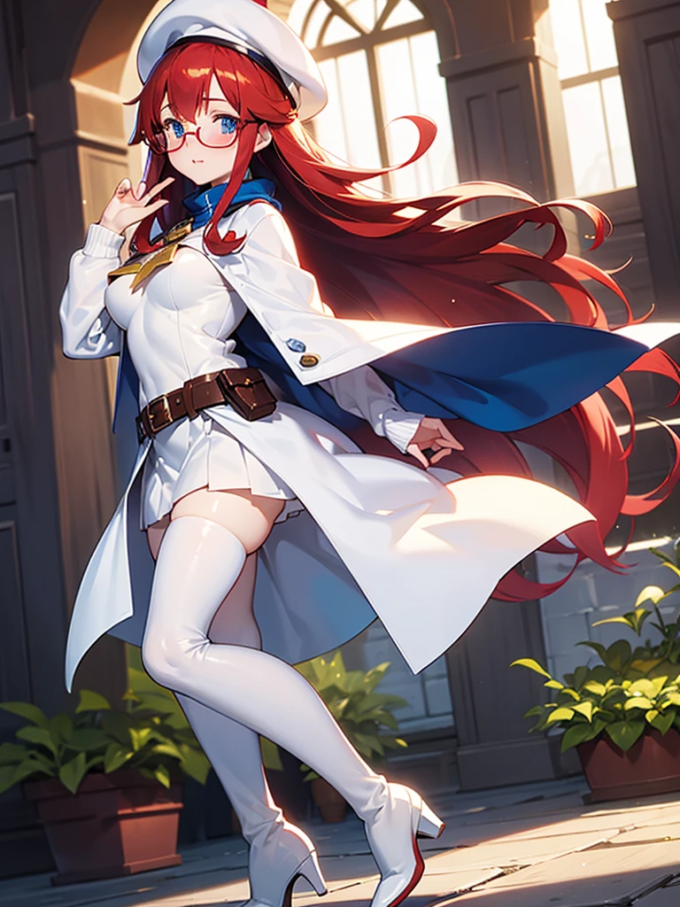 masterpiece, best quality, high quality, exquisite, beautiful, aty (summon night), long hair, red hair, blue eyes, pale skin, shiny skin, glamorous, voluptuous, curvy, red vertical sweater, glasses, white long boots, belt, white cape, white beret, blush, adult,