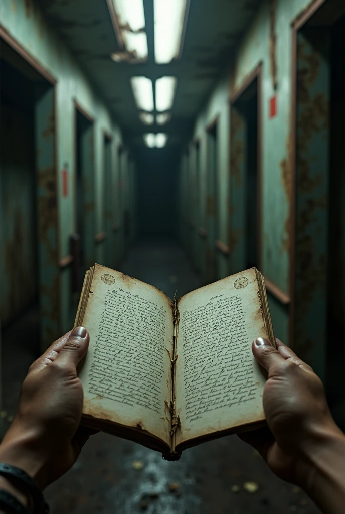 Abandoned cruise ship view from inside, FIRST PERSON PERSPECTIVE, Handwritten letter 
