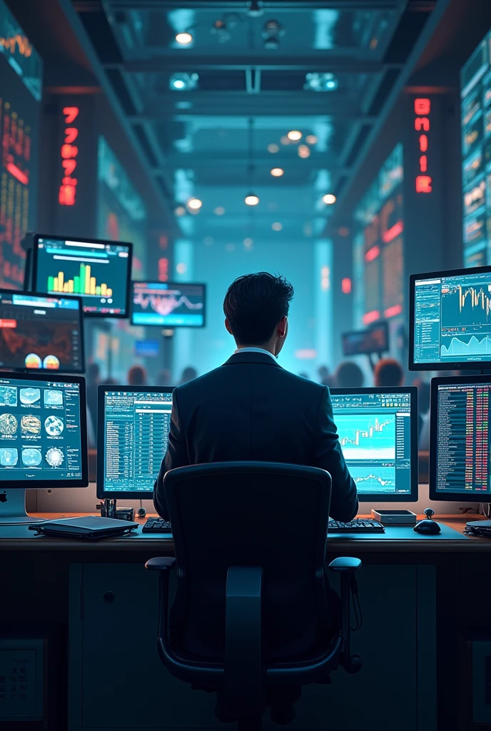 Computer and trading man stock market and bit coin and bill strategy and setup five computer