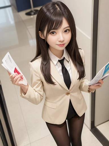 Japanese female, (underweight), (medium bust best quality:1.0), 30 years old, (cheerful grin:1.0),
bending over, long hair, (cream interview suit ,pantyhose,), in the office building entrance, (picking up papers on the floor), full body shot, from above