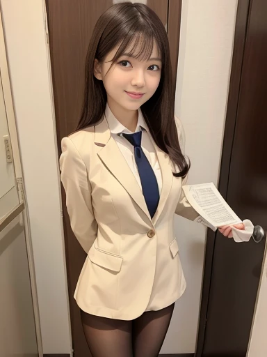 Japanese female, (underweight), (medium bust best quality:1.0), 30 years old, (cheerful grin:1.0),
bending over, long hair, (cream interview suit ,pantyhose,), in the office building entrance, (picking up papers on the floor), full body shot, from above