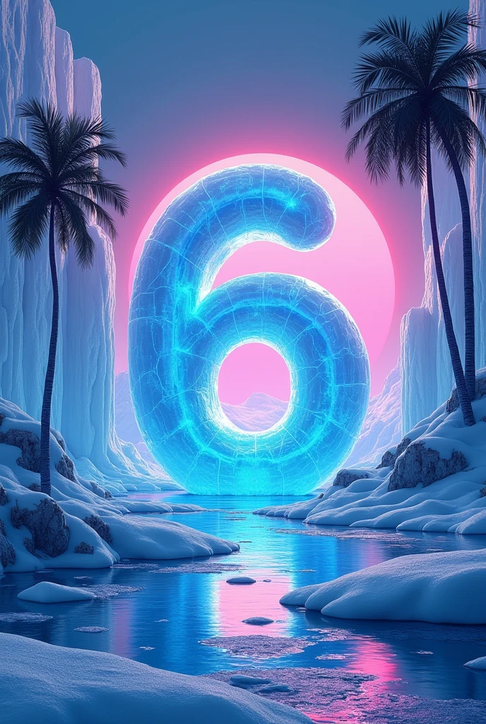 Create a frozen landscape with a 80s sythwave  theme.
The artwork should work as a poster for a club party.
An ice like number 6 should be visible as part of the frozen floor, also put in some ice like palm trees 