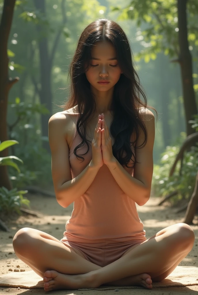 A barefoot teenage girl with long dark hair doing yoga. The focus is on the soles of her feet which are large for her frame. Her ties are pointed straight up