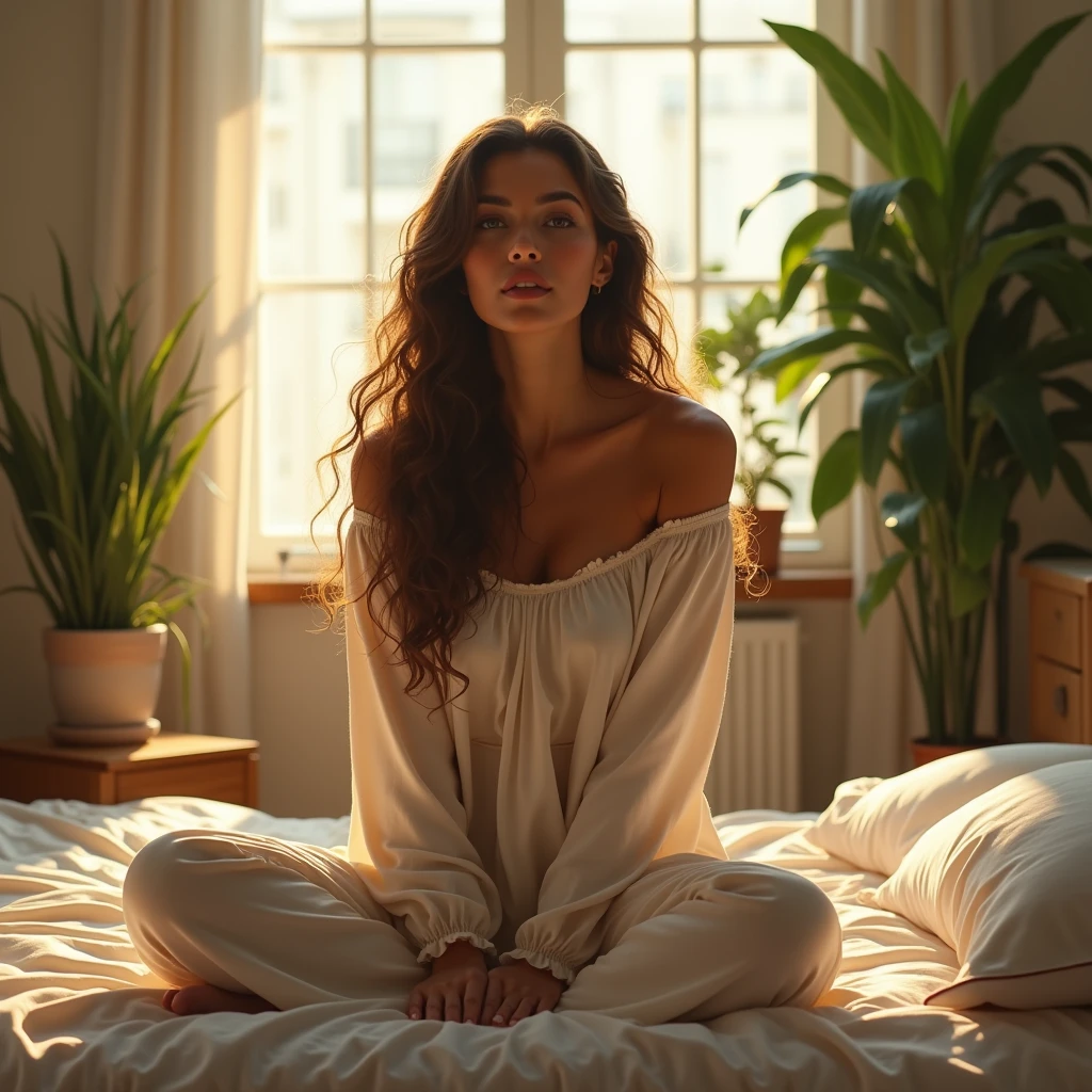 (photorealism:1.2), beautiful woman, sitting on bed, wearing loose off-shoulder top, pajama pants, long curly hair, indoors, soft lighting, plants in background, window with sunlight, cozy room, relaxed pose, realistic, intricate details, warm colors, by Greg Rutkowski, by Alphonse Mucha