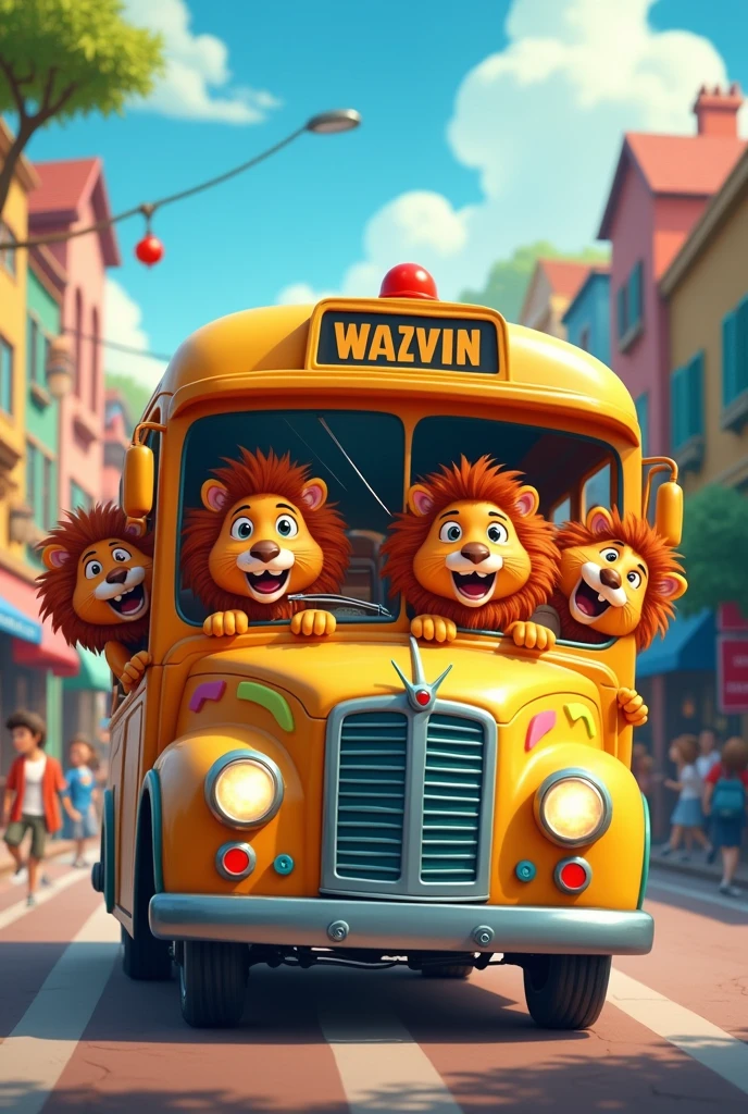 : A colorful bus driving through a vibrant town, filled with happy, cartoonish lions peeking out of the windows, all roaring joyfully.
