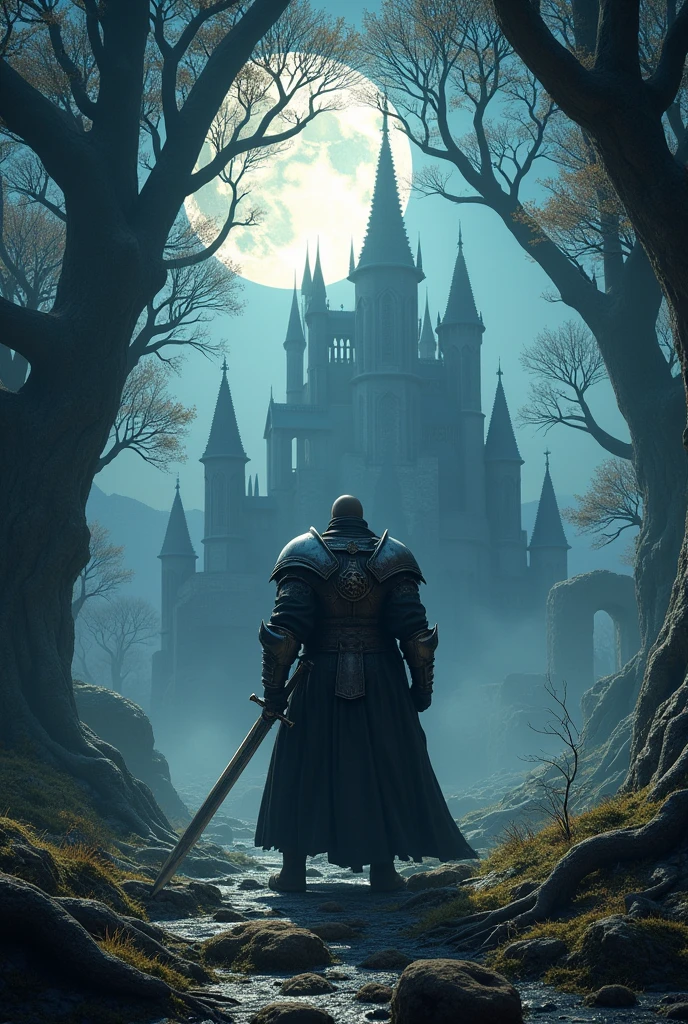 In an epic fantasy landscape, an imposing and powerful Dark Knight stands in a fighting stance, ready for battle. His rugged armor reflects the soft light emanating from a ruined castle in the background, highlighting his powerful physique and intimidating presence. The warrior holds his sword firmly, ready to face any challenge without relying on magic, showing his strength and skill in combat. The surrounding scenery is breathtaking, with ancient and mysterious trees, intertwined roots, and ruins of a glorious past. The atmosphere is one of shared mystery and grandeur, with the moon casting a soft light over the scene, creating shadows that dance around the Dark Knight. In the background, the game's logo is slightly blurred, subtly standing out in the balanced composition of the image. Every detail of the scene, from the texture of the armor to the details of the castle ruins, is represented with incredible, vibrant, cinematic, 3d renderPhoto of a ultra realistic sailing ship, dramatic light, pale sunrise, cinematic lighting, battered, low angle, trending on artstation, 4k, hyper realistic, focused, extreme details, unreal engine 5, cinematic, masterpiece, art by studio ghibli, intricate artwork by john william turner