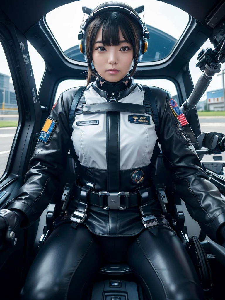 masterpiece, Highest quality, Very detailed, Japanese Android girl, Beautiful 2 Japanese woman, Plump,Control panel,Android,cyborg,Blunt bangs,Sitting in the cockpit and piloting,The control stick is in the center of the seat.,Air Force Fighter,Strapped to the seat with a harness,Full-face helmet,