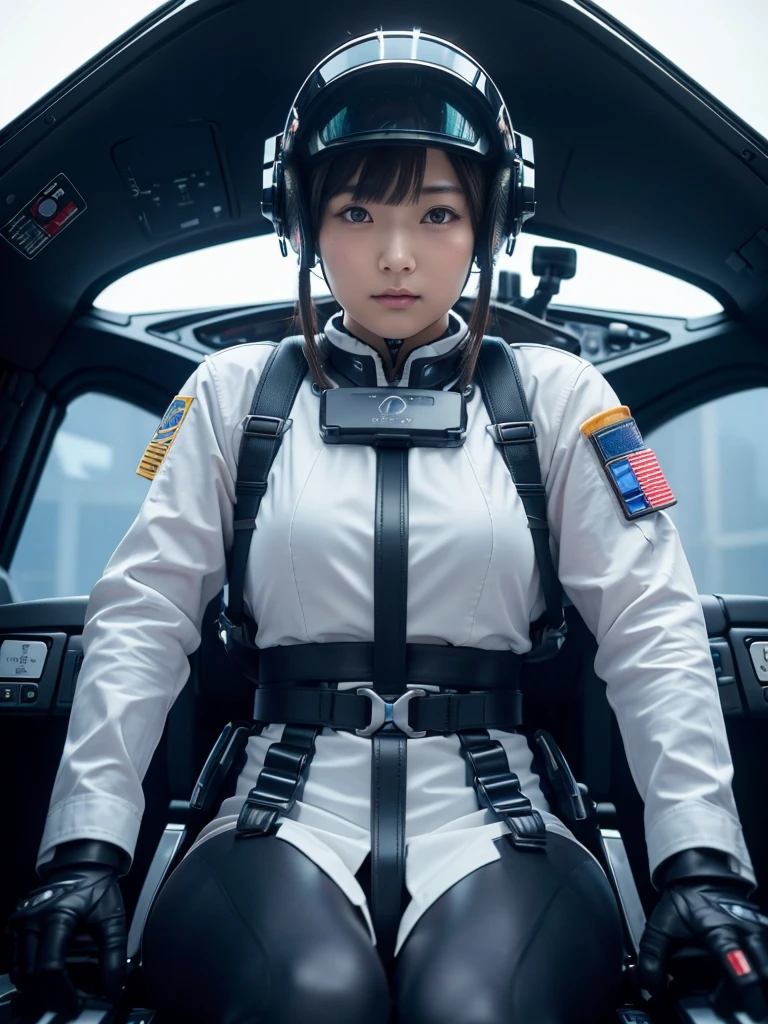 masterpiece, Highest quality, Very detailed, Japanese Android girl,Plump,Slightly thicker,Control panel,Android,cyborg,Blunt bangs,Sitting in the cockpit,International Orange Combat Uniform,Black wide harness belt,Helmet